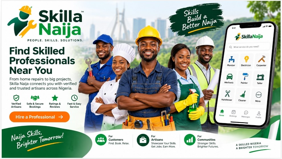 Skilla Naija, find skilled professionals near you, showing verified artisans and the app service categories
